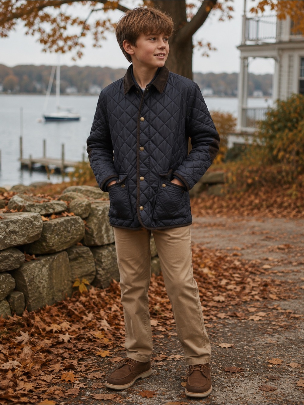 LANDS END Quilted Barn Jacket Boys M | Navy Corduroy Collar Snap Front |Heritage